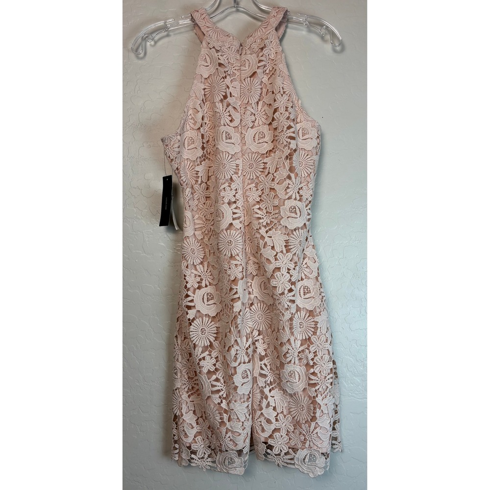 New Lulus Blush Pink Lace Halter Neck Fit Flare Mini Dress Size L 2035 - Picture 3 of 7